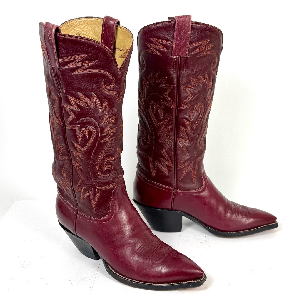 Handmade Austin-Hall Cowboy Boots - Wmns Sz 9B - Burgundy 14" Tall Pointy Toe